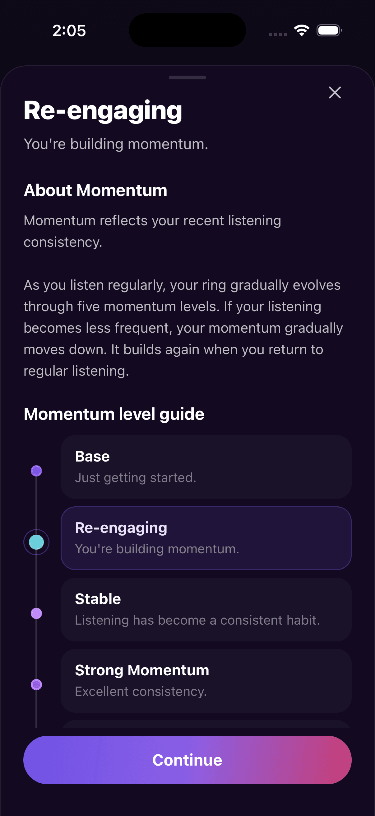 Milestones screen